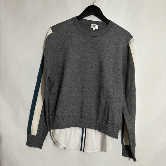 YAL New York Gray Stripe Sleeve Layered Faux Shirt Hem Sweater Size Large - Picture 5 of 7